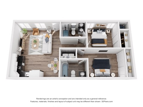 Floor plan for 2 beds, 2 baths, 767 sqft